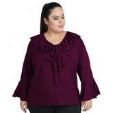 Purple georgette women's casual bell sleeve top, tie-up with full sleeves for casual occasions